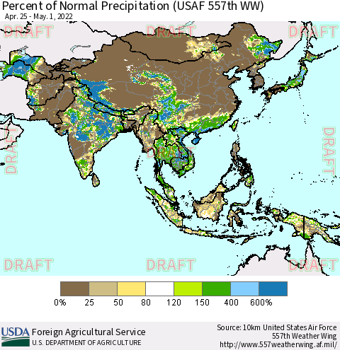 Asia Percent of Normal Precipitation (USAF 557th WW) Thematic Map For 4/25/2022 - 5/1/2022