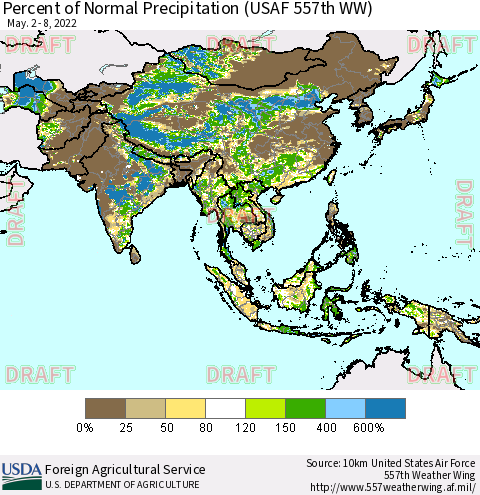 Asia Percent of Normal Precipitation (USAF 557th WW) Thematic Map For 5/2/2022 - 5/8/2022