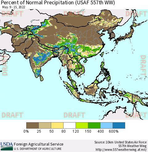 Asia Percent of Normal Precipitation (USAF 557th WW) Thematic Map For 5/9/2022 - 5/15/2022