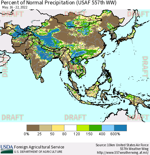Asia Percent of Normal Precipitation (USAF 557th WW) Thematic Map For 5/16/2022 - 5/22/2022