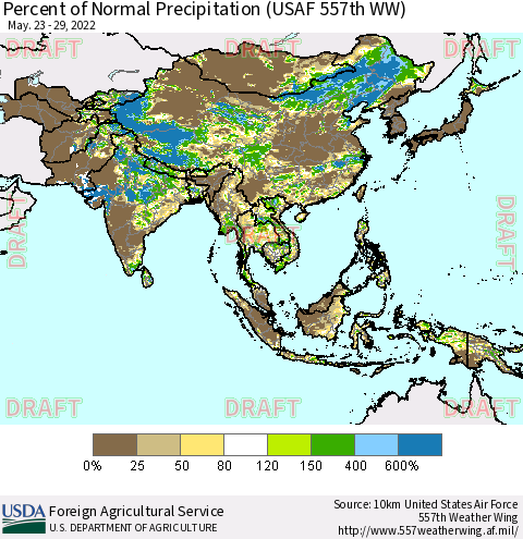 Asia Percent of Normal Precipitation (USAF 557th WW) Thematic Map For 5/23/2022 - 5/29/2022