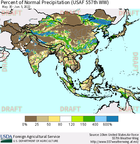 Asia Percent of Normal Precipitation (USAF 557th WW) Thematic Map For 5/30/2022 - 6/5/2022