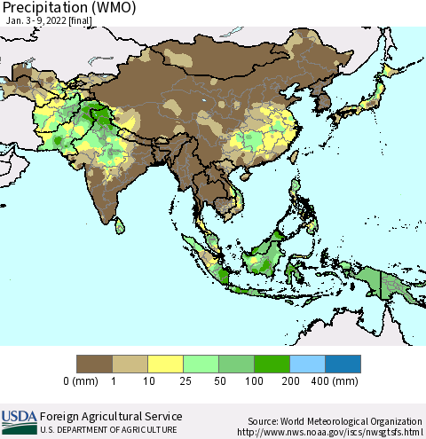 Asia Precipitation (WMO) Thematic Map For 1/3/2022 - 1/9/2022