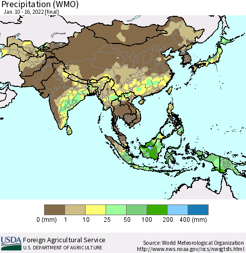 Asia Precipitation (WMO) Thematic Map For 1/10/2022 - 1/16/2022