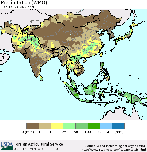 Asia Precipitation (WMO) Thematic Map For 1/17/2022 - 1/23/2022