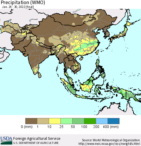 Asia Precipitation (WMO) Thematic Map For 1/24/2022 - 1/30/2022