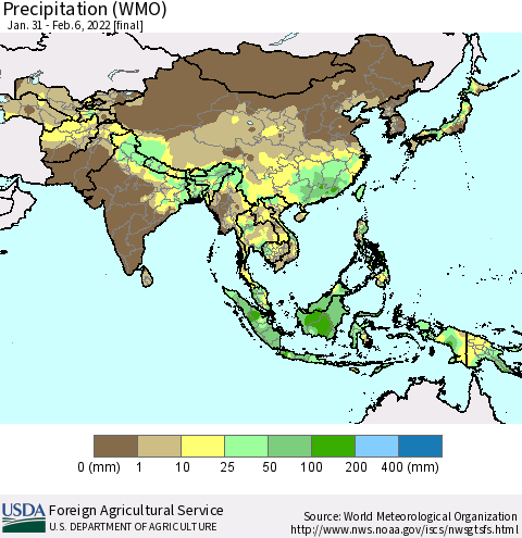 Asia Precipitation (WMO) Thematic Map For 1/31/2022 - 2/6/2022