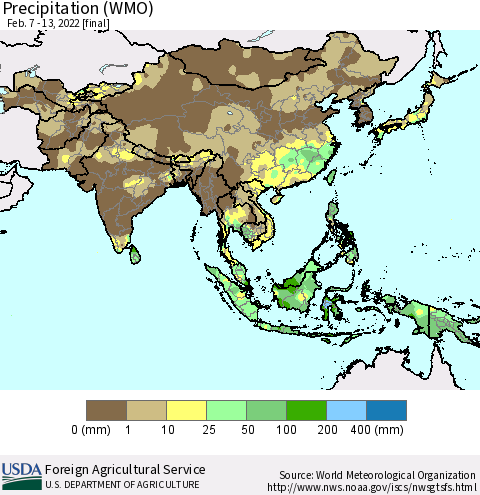 Asia Precipitation (WMO) Thematic Map For 2/7/2022 - 2/13/2022