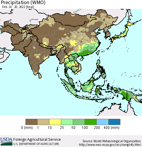 Asia Precipitation (WMO) Thematic Map For 2/14/2022 - 2/20/2022