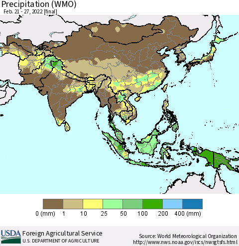 Asia Precipitation (WMO) Thematic Map For 2/21/2022 - 2/27/2022