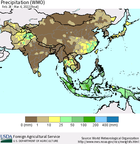 Asia Precipitation (WMO) Thematic Map For 2/28/2022 - 3/6/2022