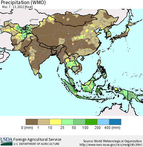 Asia Precipitation (WMO) Thematic Map For 3/7/2022 - 3/13/2022