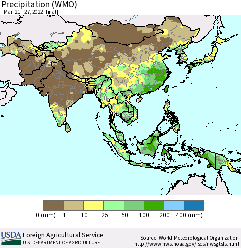 Asia Precipitation (WMO) Thematic Map For 3/21/2022 - 3/27/2022