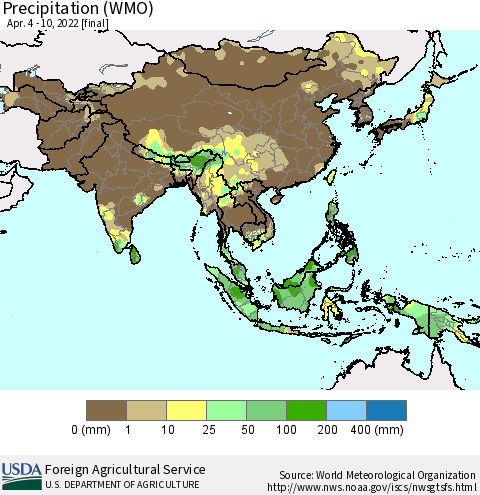 Asia Precipitation (WMO) Thematic Map For 4/4/2022 - 4/10/2022