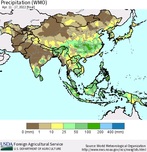 Asia Precipitation (WMO) Thematic Map For 4/11/2022 - 4/17/2022