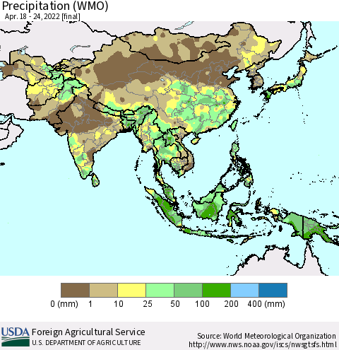 Asia Precipitation (WMO) Thematic Map For 4/18/2022 - 4/24/2022