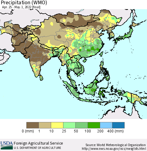Asia Precipitation (WMO) Thematic Map For 4/25/2022 - 5/1/2022