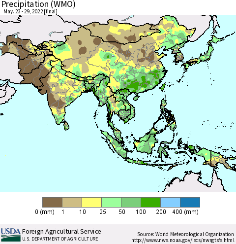 Asia Precipitation (WMO) Thematic Map For 5/23/2022 - 5/29/2022