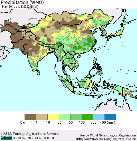 Asia Precipitation (WMO) Thematic Map For 5/30/2022 - 6/5/2022