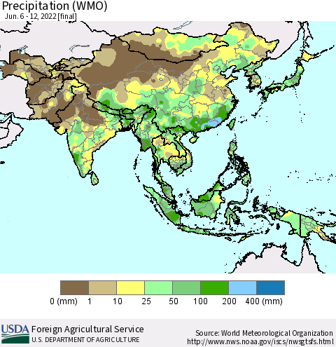 Asia Precipitation (WMO) Thematic Map For 6/6/2022 - 6/12/2022