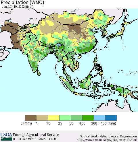 Asia Precipitation (WMO) Thematic Map For 6/13/2022 - 6/19/2022