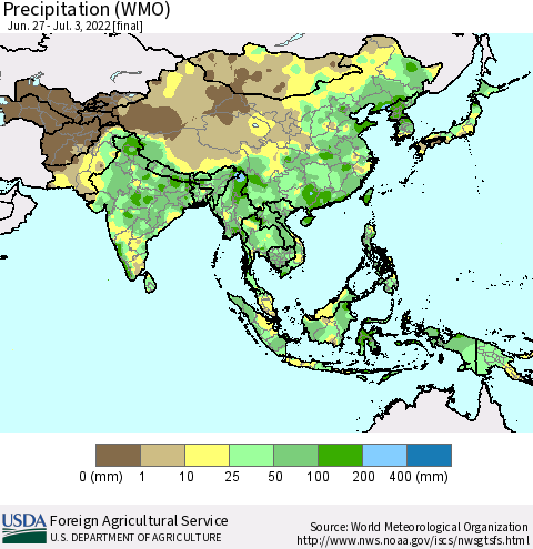 Asia Precipitation (WMO) Thematic Map For 6/27/2022 - 7/3/2022