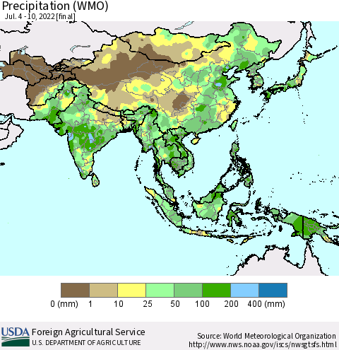 Asia Precipitation (WMO) Thematic Map For 7/4/2022 - 7/10/2022
