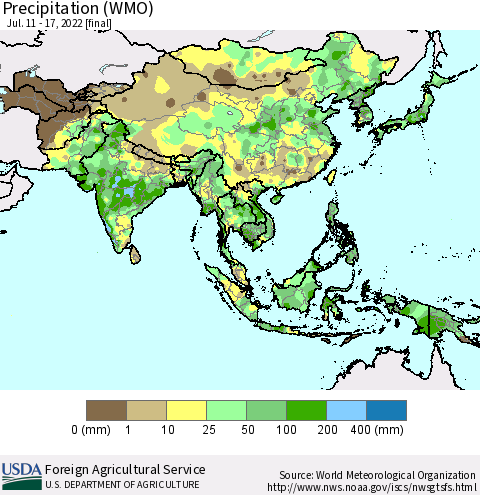 Asia Precipitation (WMO) Thematic Map For 7/11/2022 - 7/17/2022