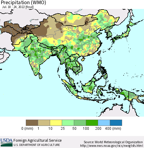 Asia Precipitation (WMO) Thematic Map For 7/18/2022 - 7/24/2022
