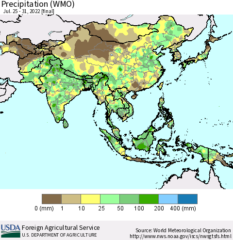 Asia Precipitation (WMO) Thematic Map For 7/25/2022 - 7/31/2022