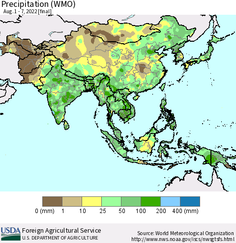 Asia Precipitation (WMO) Thematic Map For 8/1/2022 - 8/7/2022