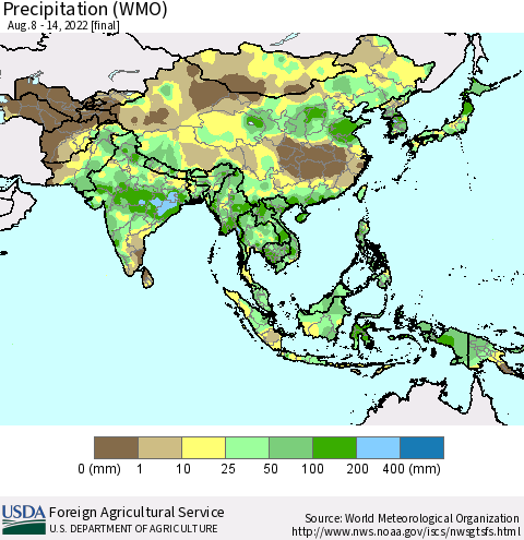 Asia Precipitation (WMO) Thematic Map For 8/8/2022 - 8/14/2022
