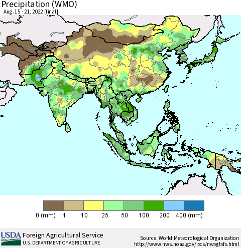 Asia Precipitation (WMO) Thematic Map For 8/15/2022 - 8/21/2022