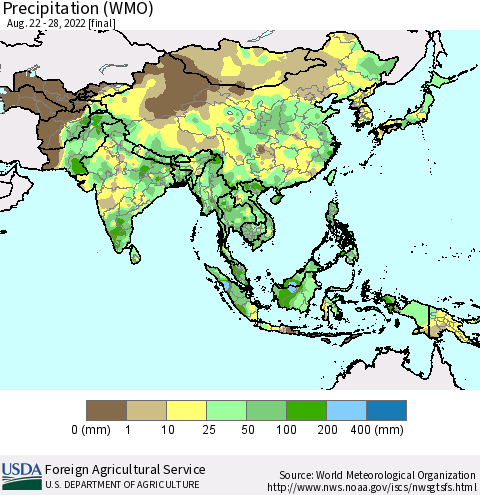 Asia Precipitation (WMO) Thematic Map For 8/22/2022 - 8/28/2022