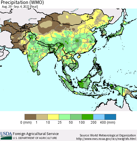 Asia Precipitation (WMO) Thematic Map For 8/29/2022 - 9/4/2022