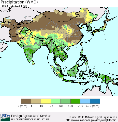 Asia Precipitation (WMO) Thematic Map For 9/5/2022 - 9/11/2022