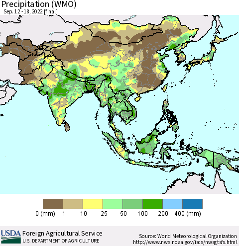 Asia Precipitation (WMO) Thematic Map For 9/12/2022 - 9/18/2022
