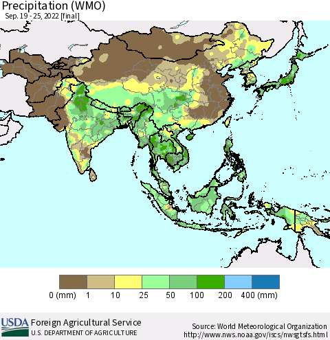 Asia Precipitation (WMO) Thematic Map For 9/19/2022 - 9/25/2022