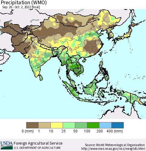 Asia Precipitation (WMO) Thematic Map For 9/26/2022 - 10/2/2022