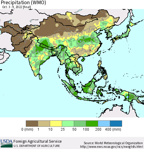 Asia Precipitation (WMO) Thematic Map For 10/3/2022 - 10/9/2022