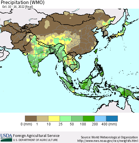 Asia Precipitation (WMO) Thematic Map For 10/10/2022 - 10/16/2022