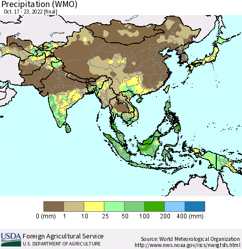 Asia Precipitation (WMO) Thematic Map For 10/17/2022 - 10/23/2022