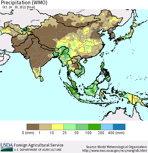 Asia Precipitation (WMO) Thematic Map For 10/24/2022 - 10/30/2022