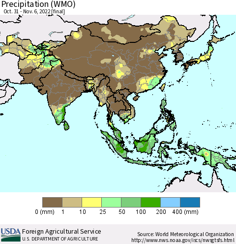 Asia Precipitation (WMO) Thematic Map For 10/31/2022 - 11/6/2022