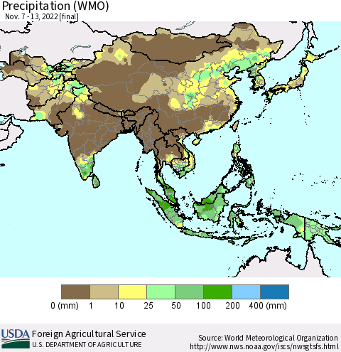 Asia Precipitation (WMO) Thematic Map For 11/7/2022 - 11/13/2022