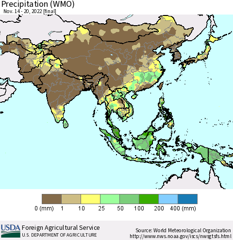 Asia Precipitation (WMO) Thematic Map For 11/14/2022 - 11/20/2022