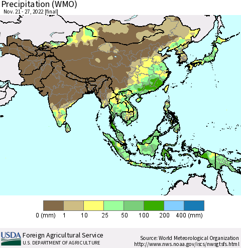 Asia Precipitation (WMO) Thematic Map For 11/21/2022 - 11/27/2022