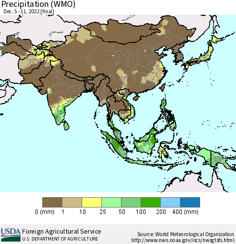 Asia Precipitation (WMO) Thematic Map For 12/5/2022 - 12/11/2022
