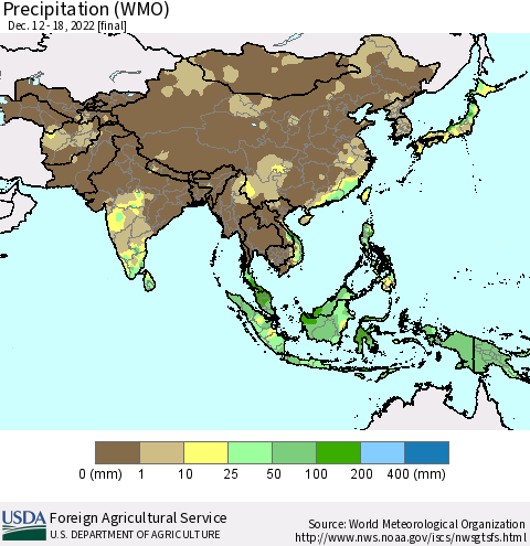 Asia Precipitation (WMO) Thematic Map For 12/12/2022 - 12/18/2022
