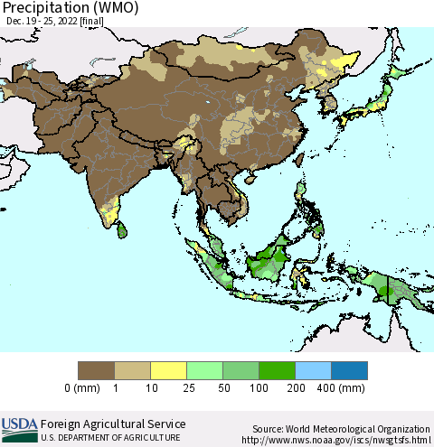 Asia Precipitation (WMO) Thematic Map For 12/19/2022 - 12/25/2022